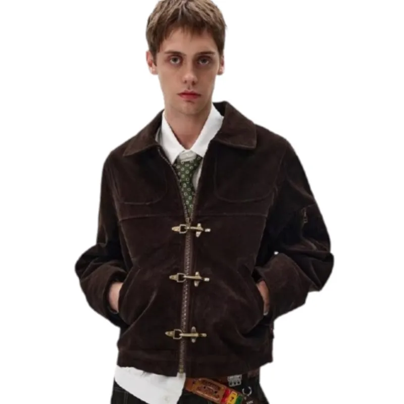 Suede Toggle Button Jacket Unisex Vintage Old Money Cropped Coat Zip Up Panel Outerwear Loose Streetwear Retro Bomber Autumn
