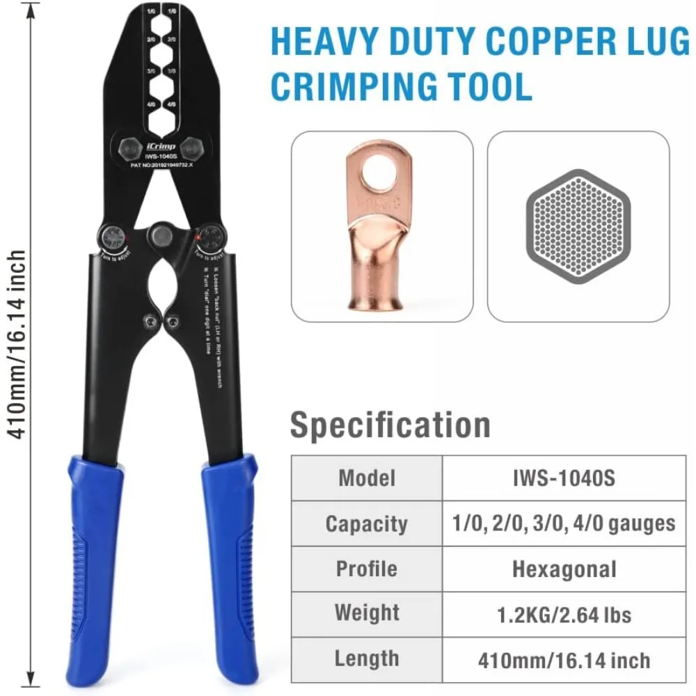 Heavy Duty Battery Cable Lug Crimping Tool for 1/0 to 4/0 Gauge, Ergonomic Anti-Slip Handle, Durable Steel Construction