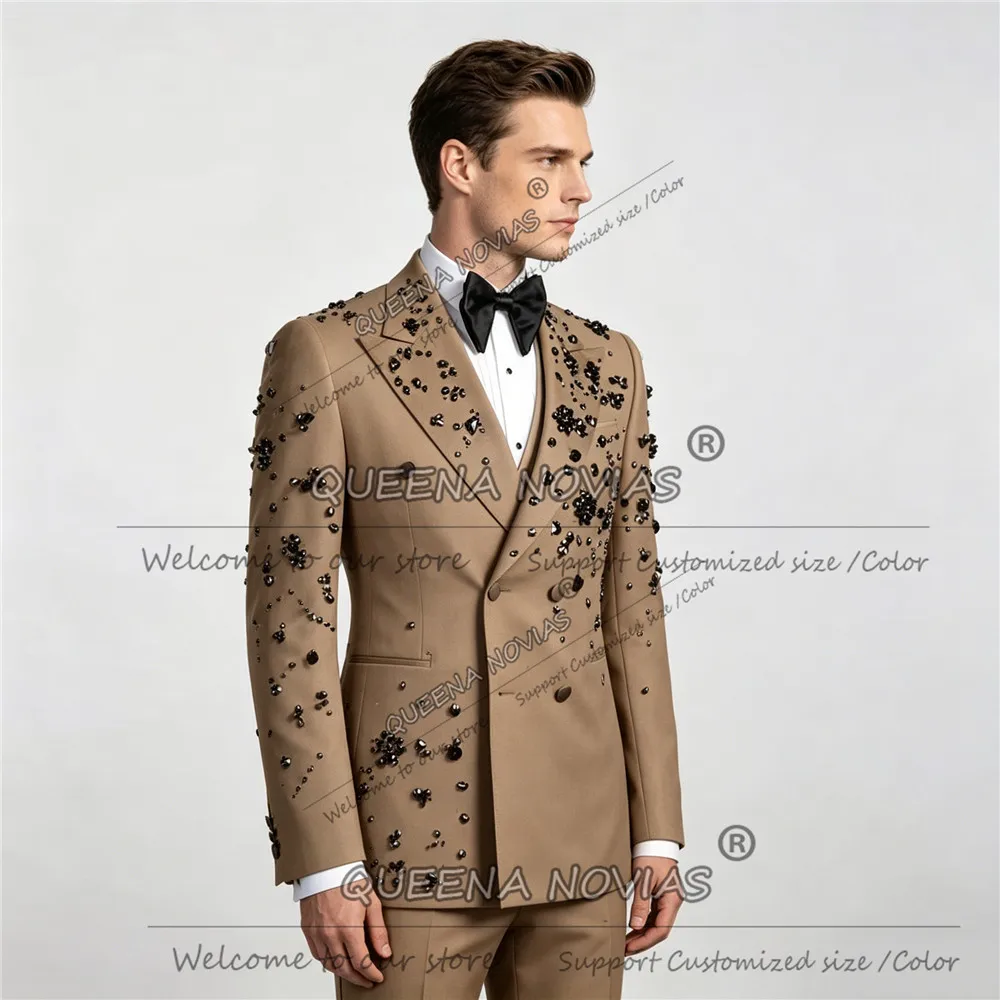 

Classic Wedding Suits For Men Black Rhinestone Beaded Prom Blazer Customized Male Fashion Tuxedo Attire 2 Piece Sets Ropa Hombre
