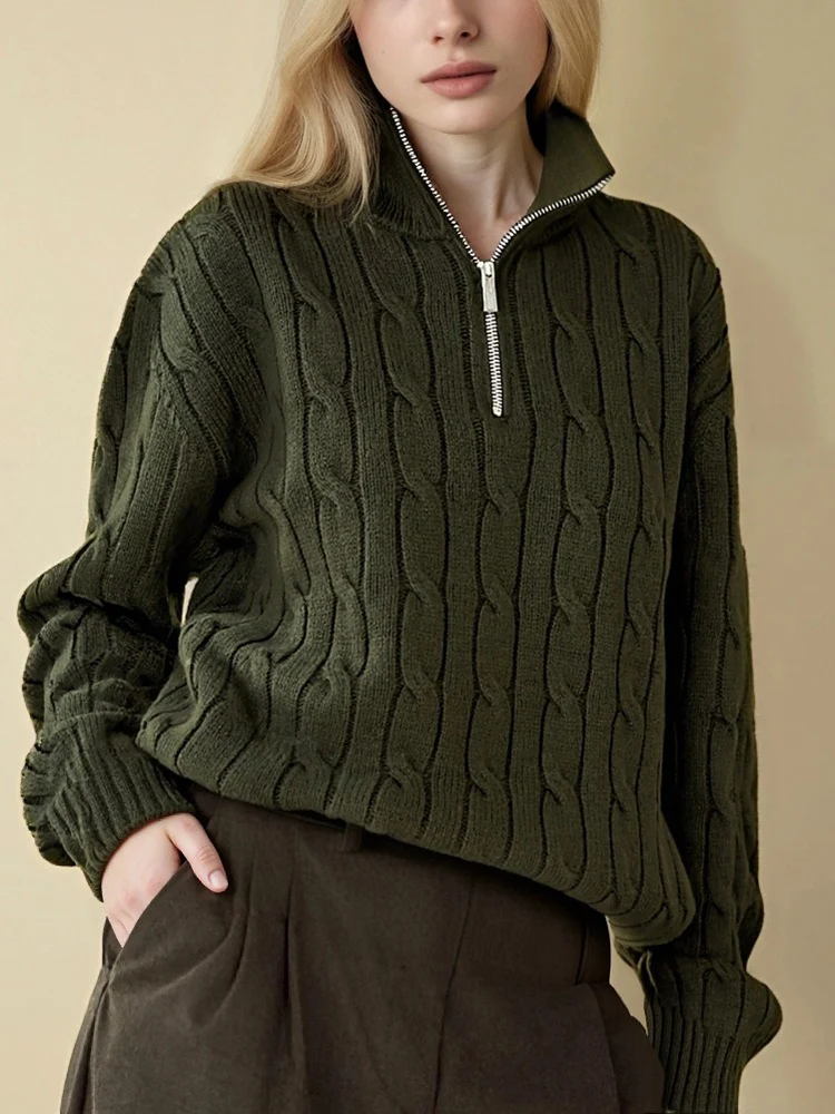 

Pure Wool Cable Sweater Quarter Zip Oversize Polo Jumper Women