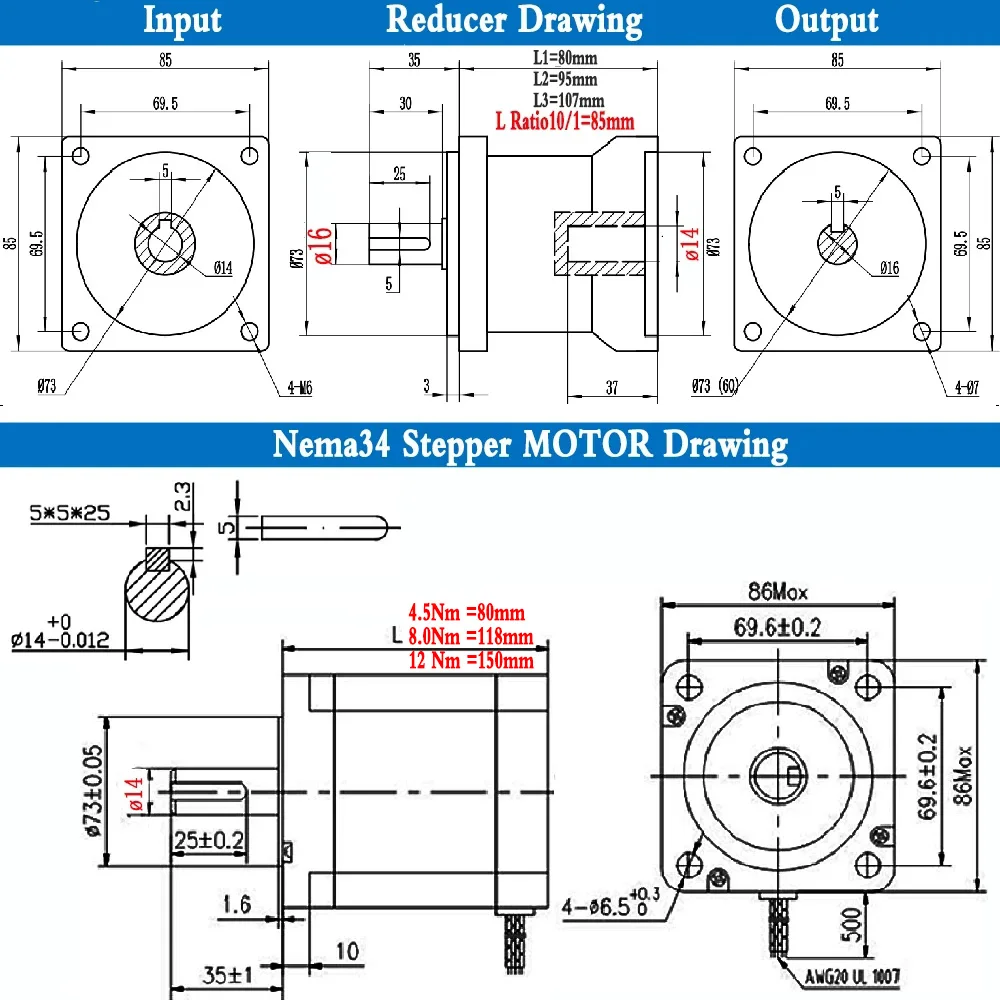 Nema34 Planet Reducer Motor set Ratio 3:1-216:1 Output 16mm Planetary Gearbox Gear 4.5/8.5/12Nm Nema34 Stepper Motor Drive CNC