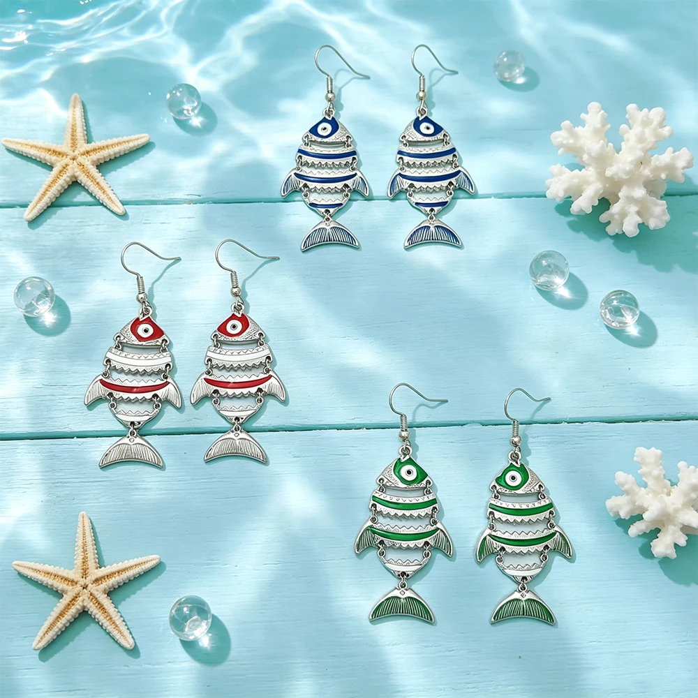 Movable Interlocking Fish-Shaped Earrings, Ethnic Style Colorful Enamel Fish-Shaped Ear Jewelry, Summer Seaside Vacation Earrings for Women