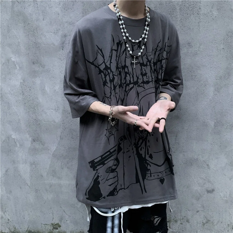 Maglietta per uomo maglietta grafica con stampa hip-hop gotica maglietta Oversize Anime Y2k T-shirt Harajuku Punk Tees magliette a maniche corte top