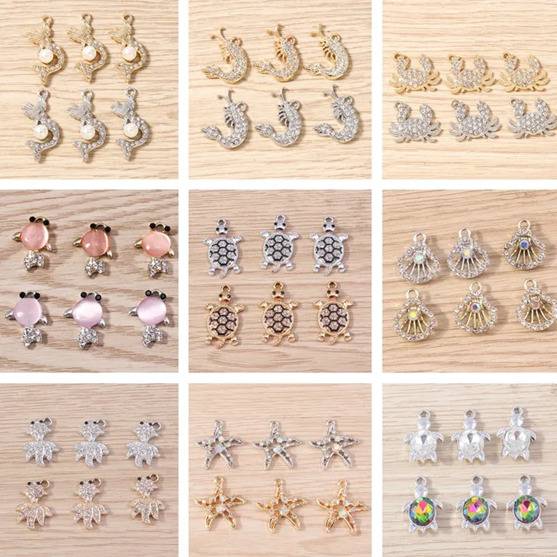 10pcs Cute Mix Crystal Metal Turtle Crab Fish Shell Charms Pendants for Jewelry Making Necklaces Earrings DIY Crafts Accessories
