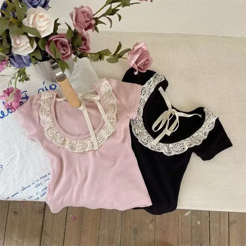 New Arrival 2-6Y Toddler Girl Hollow Back Lace Trim Tee Frill Edge Casual Base Shirt Summer Fashion Short Sleeve Top