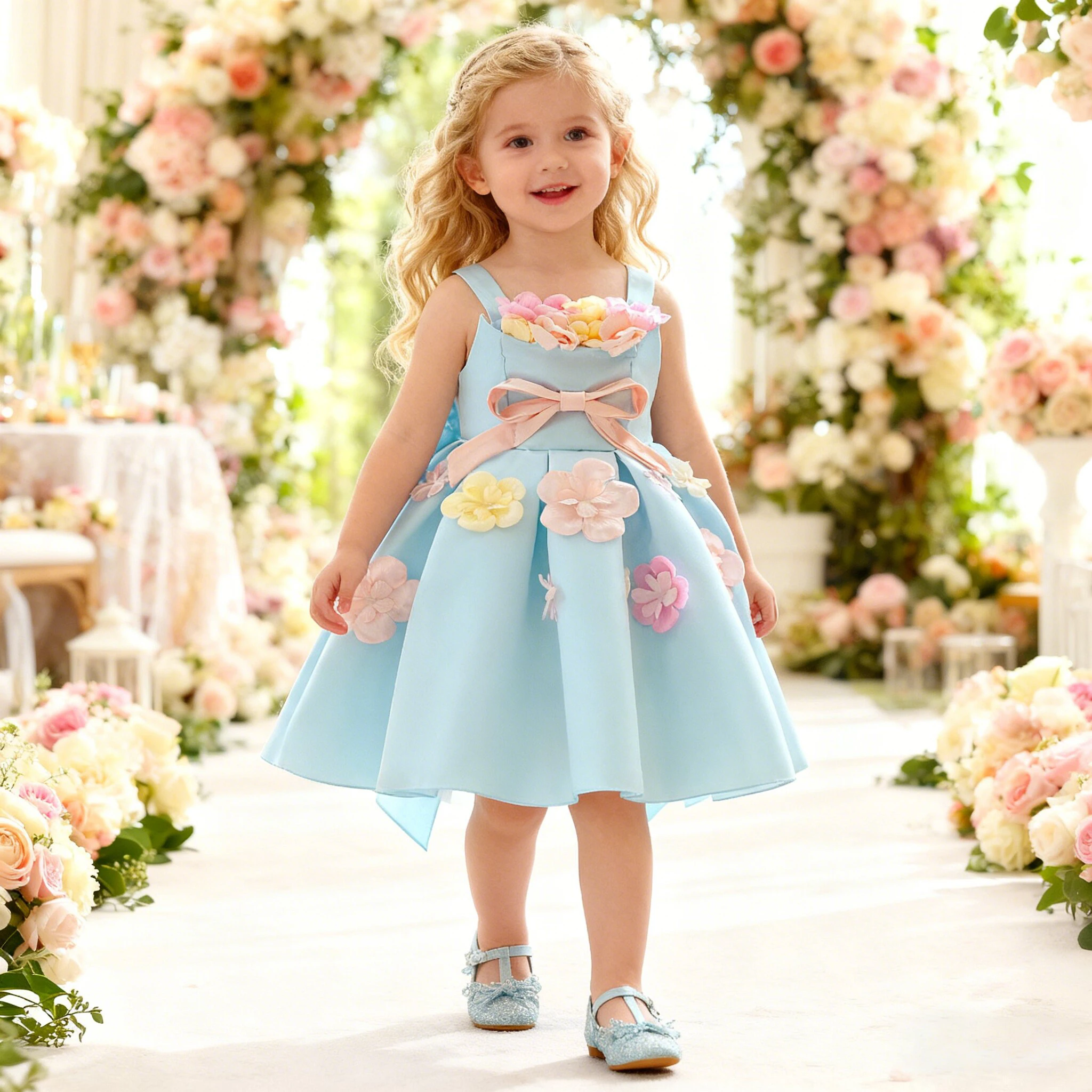 

Toddler Colorful Flower Party Baby Girls Dress Elegant Bow 1st Birthday Wedding Prom Dresses for Girl Bridesmaid Evening Costume