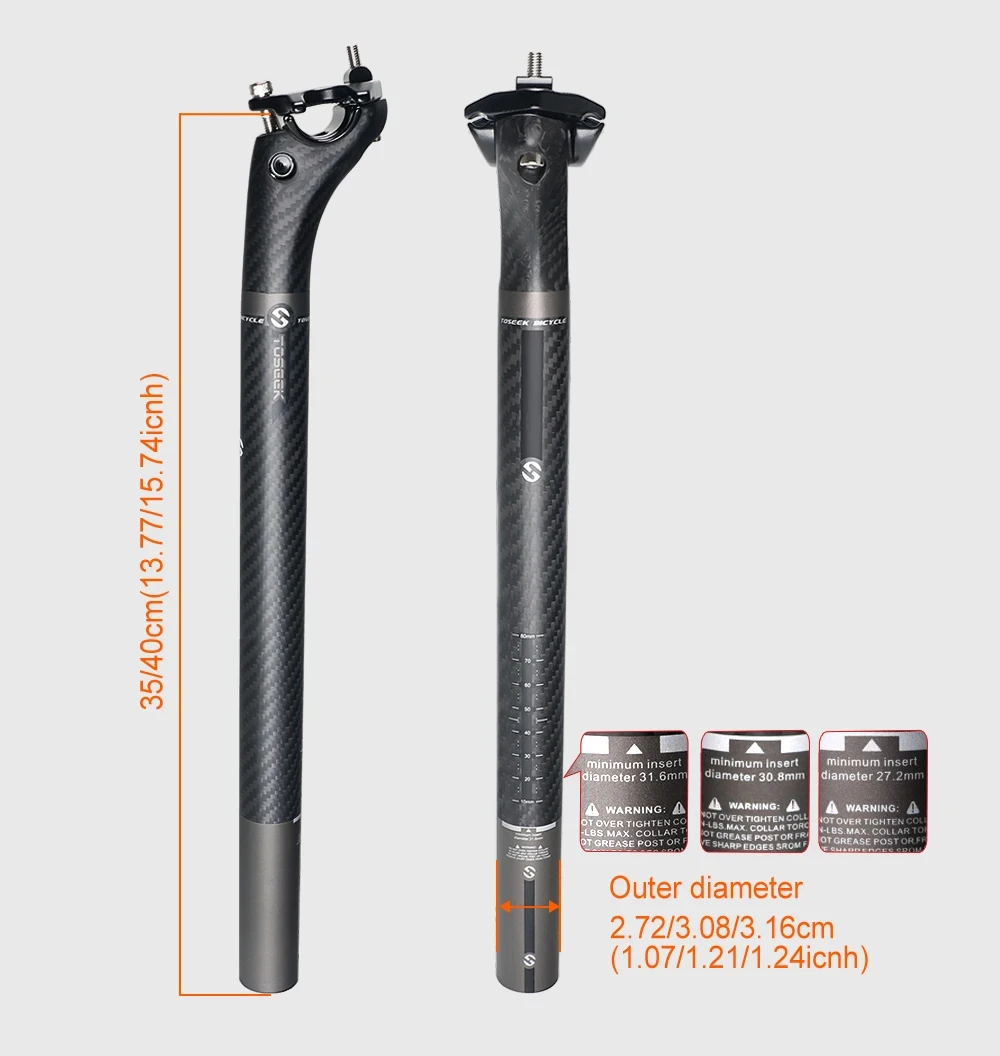 TOSEEK Ultraleichte 3K Carbon-Sattelstütze MTB/Rennrad Fahrradsattelstütze mit 20mm Offset 27,2/30,8/31,6*350/400mm Grau Matt – Detail 7