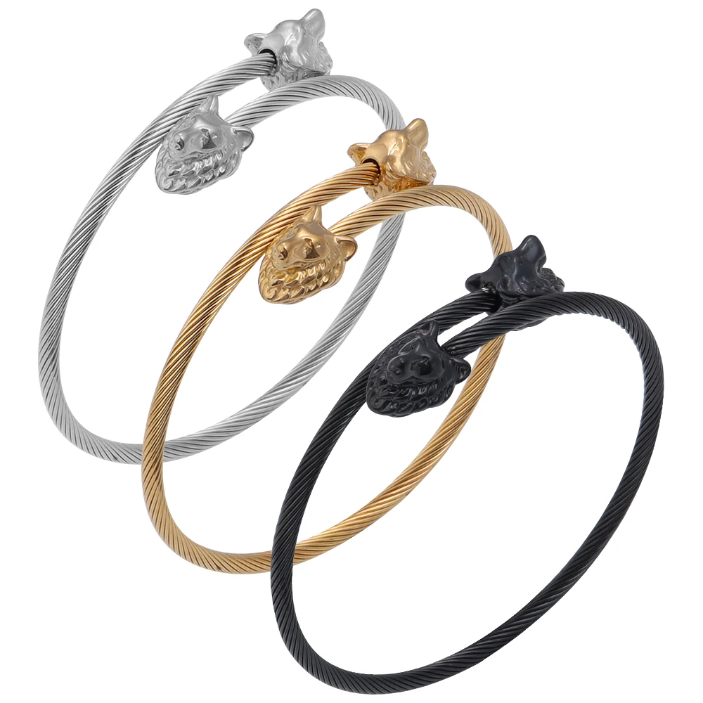 1pc/lot 64mm Fashion Stainless Steel Wire Rope Bracelets Wolf Head Opening Bracelet For Woman Man Fashion Bracelets Jewelry Gift