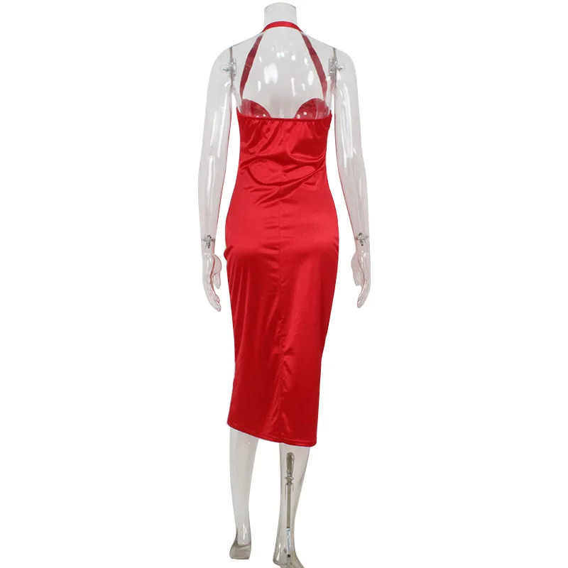 Estilo europeu e americano elegante feminino high-end cetim sem alças halter sem costas vestido vermelho