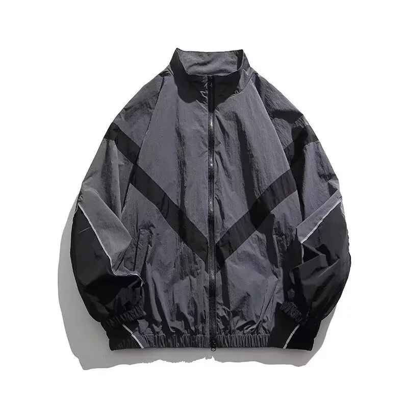 Trendy American Style Zippered Hooded Jacket Men's Loose Fit Casual Autumn Fashion Thin Jacket Reflective Patchwork Stand Collar