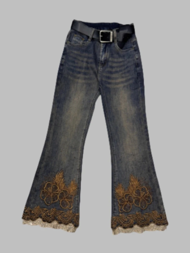 

Lace Embroidery Flower Flared Jeans Women Tassel Skinny Denim Trousers Ladies Slim Mujer Fashion Street High Waist Micro-Pants