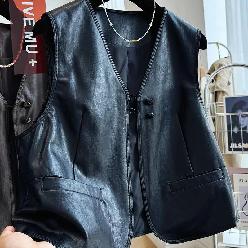 2025 Spring Autumn Vintage Vests Coat Female Sleeveless Leather Waistcoat Outwear Tops Pu Leather Pocket Vest Jacket Women