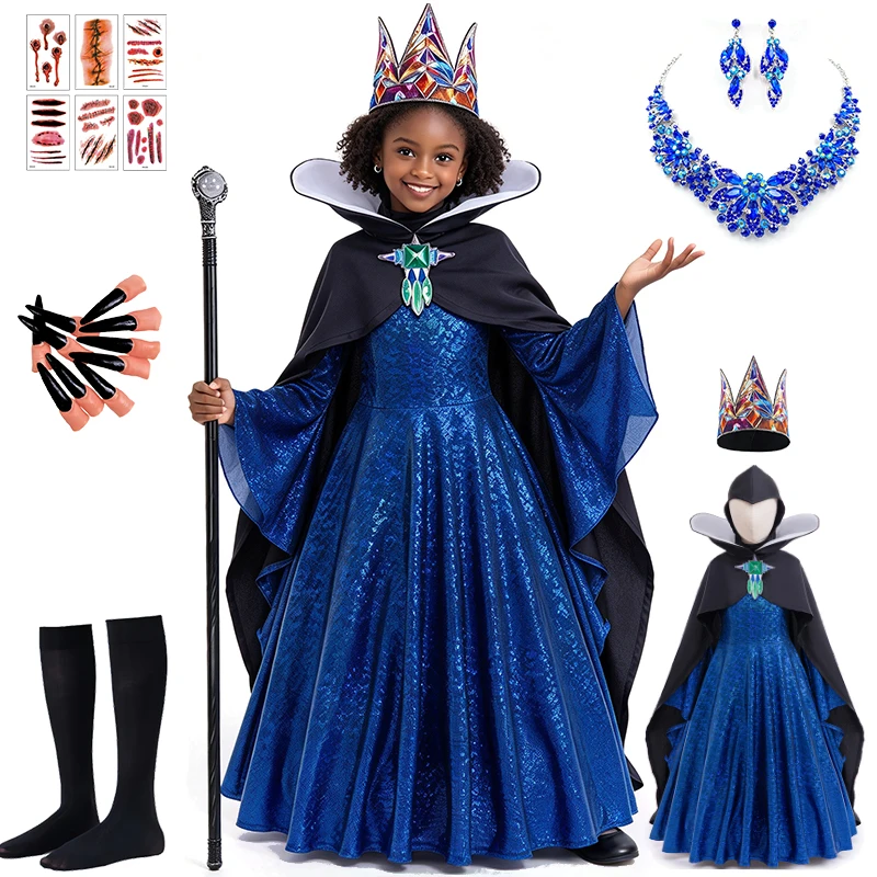 Deluxe Blue Sequin Long Gown Girls Evil Queen Fancy Dress Up Halloween Cosplay Fairytale Villain Royal Queen Children's Costume