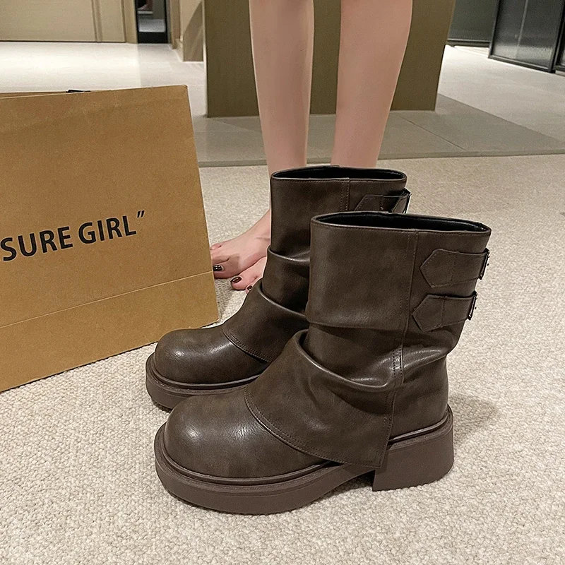 Platform Mid Calf Women Chelsea Boots Chunky Mid Heels Designer Shoes 2024 Fad New Motorcycle Boots Goth Walking Ladies