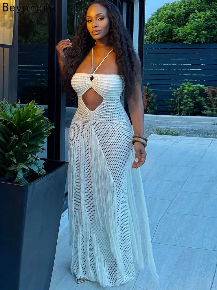 Beyprern Elegant White Crochet Hollow Out Maxi Dress Women Sexy Halter Cut Out Fringe Long Dress Beach Holiday Tassel Outfits