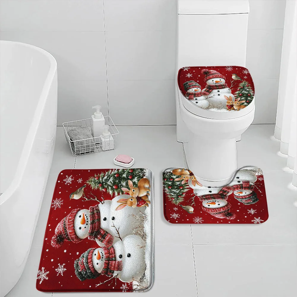 Cute Christmas Snowman Bath Mat Set Xmas Tree Rabbit Snowflake Red New Year Home Bathroom Decor Non-slip Rugs Toilet Lid Cover