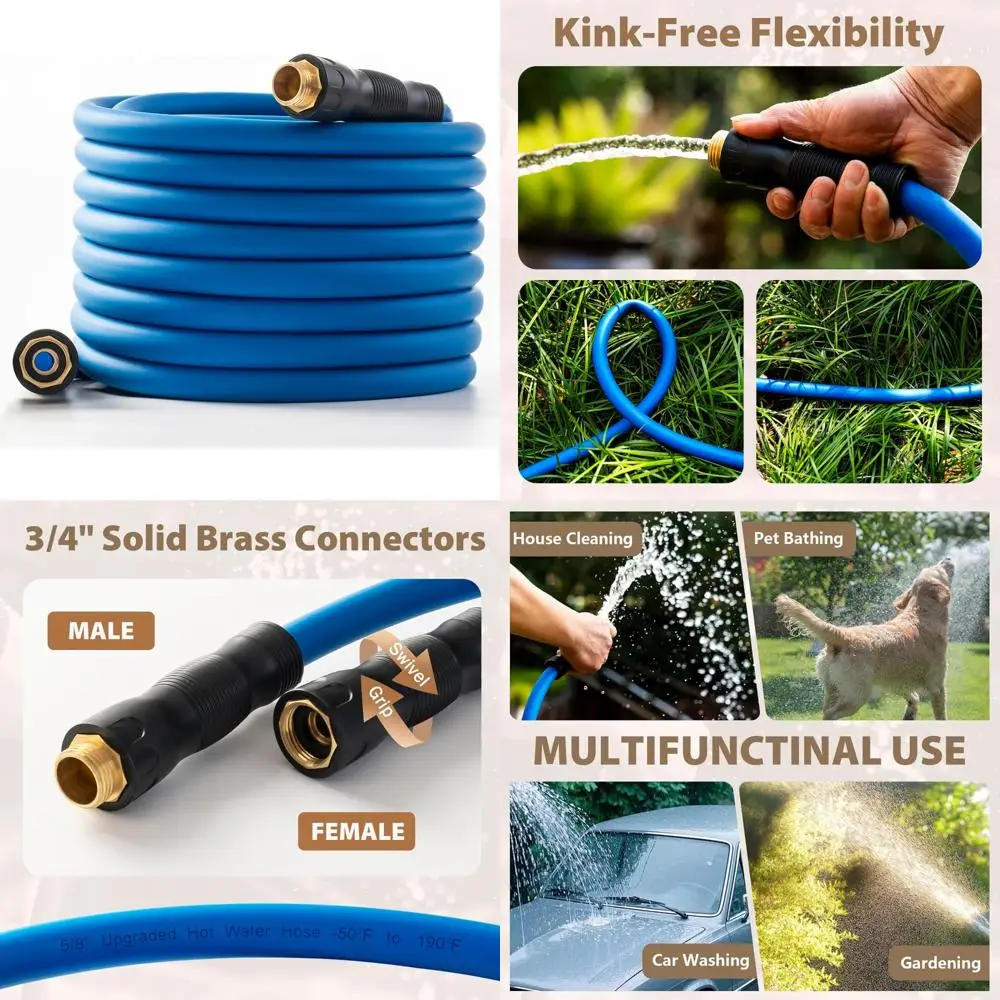 

75ft Heavy-Duty Flexible Hot/Cold Water Hose with 600 Psi Burst Pressure, 3/4 Brass Fittings, Swivel Grip Handle for Outdoor Use
