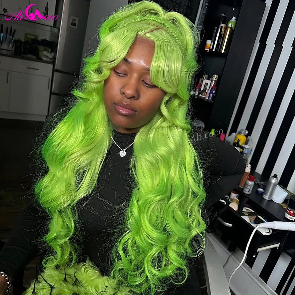 

13x6 Transparent Lace Front Wig Light Green Human Hair Wig Body Wave Lace Frontal Wig Human Hair 180 Density Pre Plucked