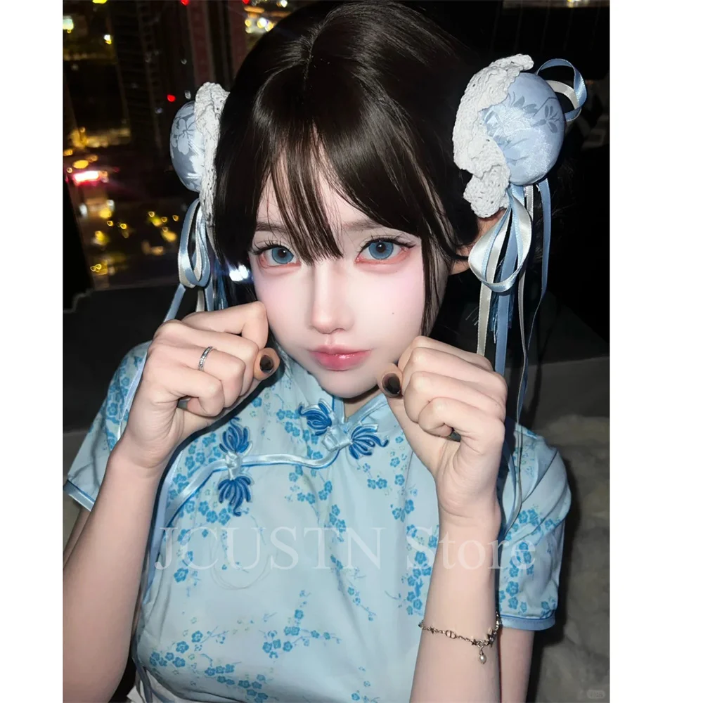 

Blue Y2K Cheongsam Sexy Short Chinese Style Dress Women Satin Jacquard Qipao Cosplay Traditional Costume Short Lolita Maid Dress