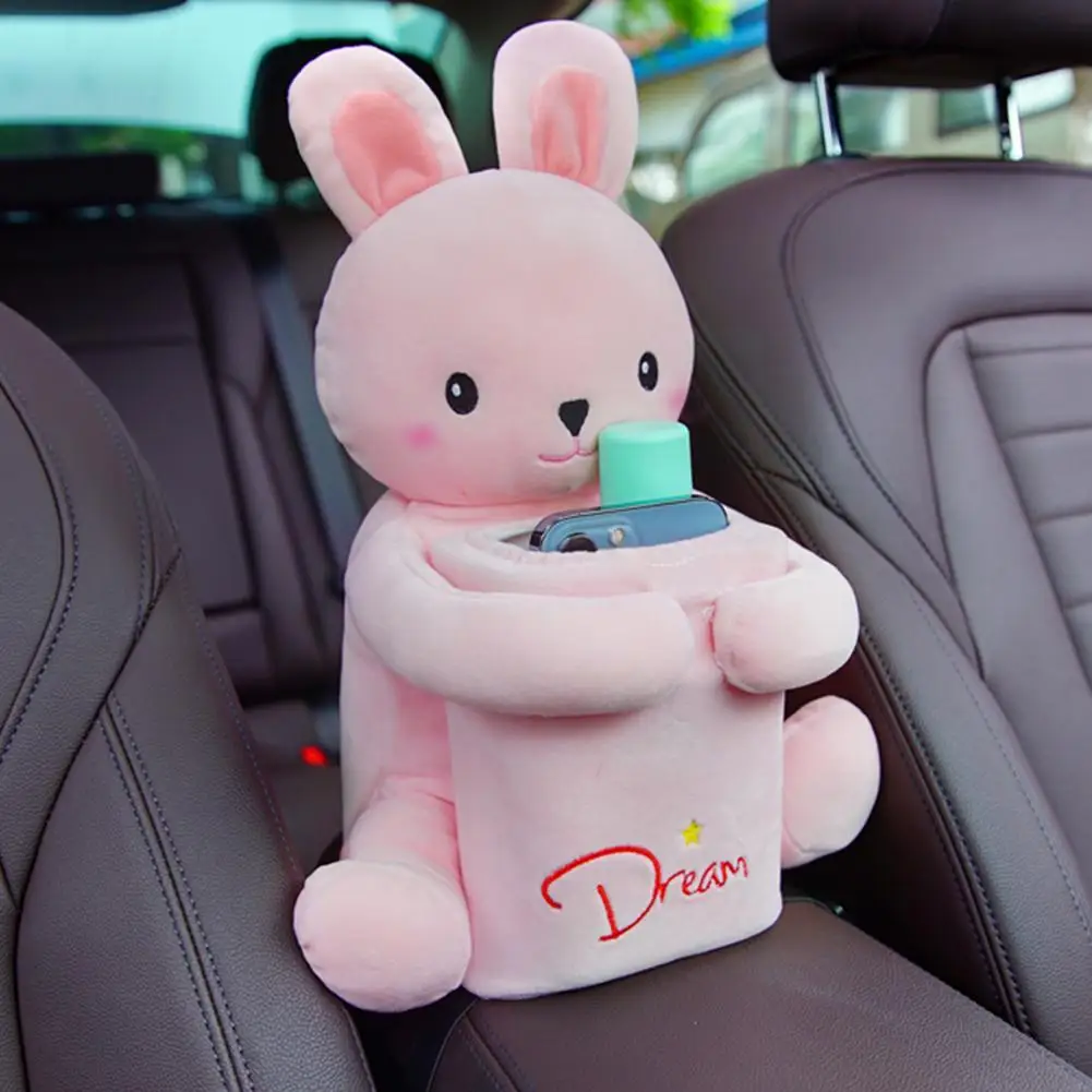 2 In 1 Car Tissue Box Doll Cartoon Garbage Can Rabbit Plush Car Tissue Holder Armrest Box Car Accessories Novelty Auto Supplies