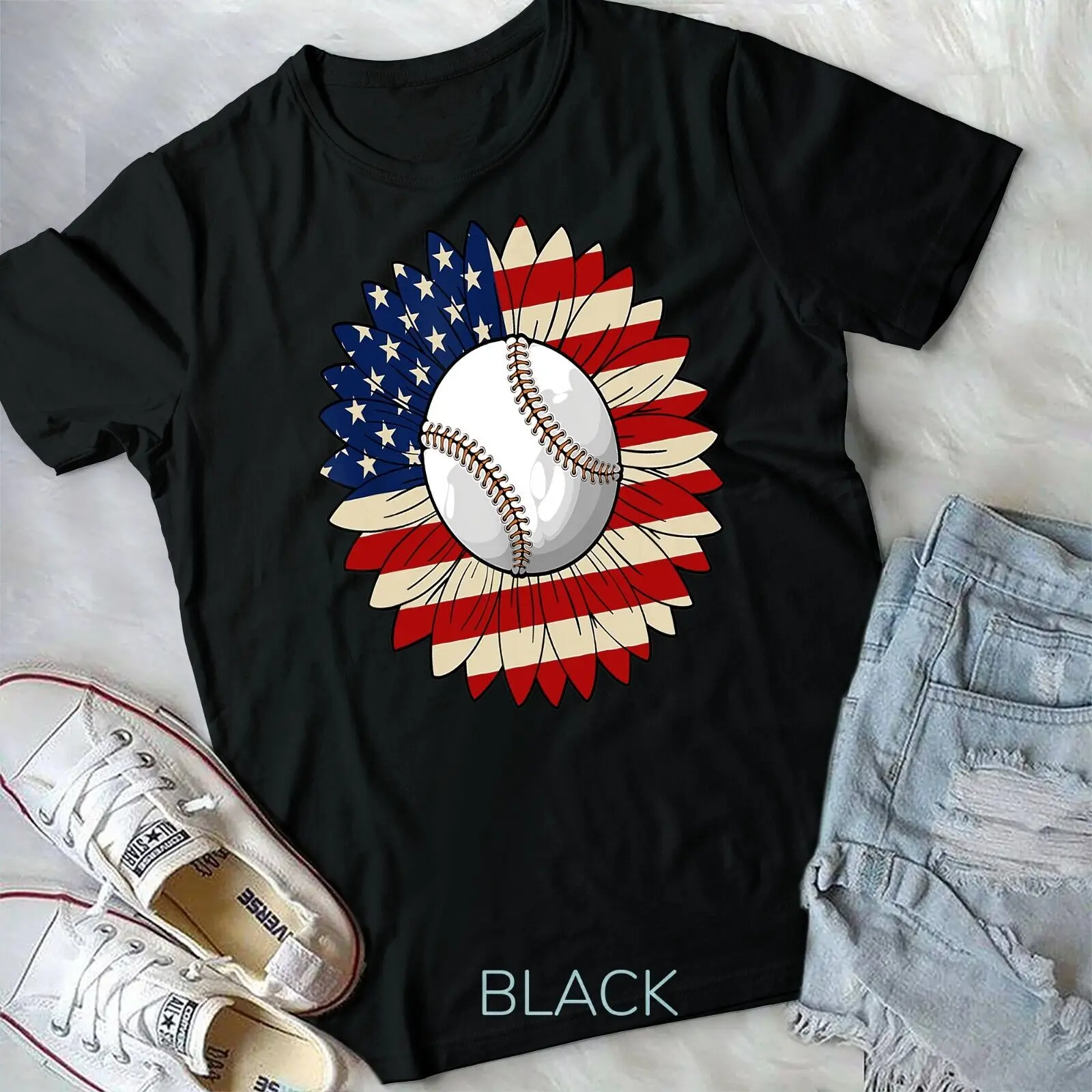 

Sunflower Baseball Women Patriotic American Flag 4th of July Unisex T-shirt