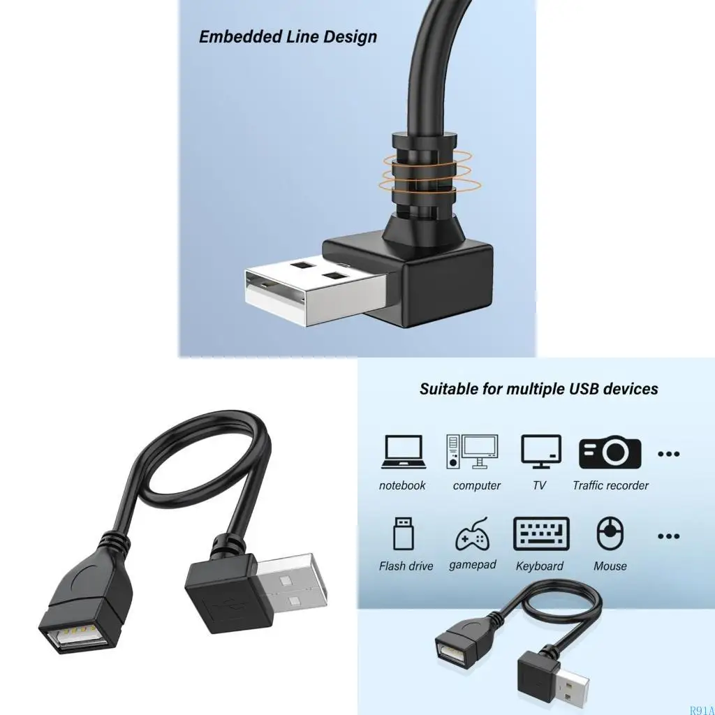 R91A USB 2.0 케이블 수컷에서 여성 연결 확장 코드 90도 각도 랩탑 키보드 및 USB 플래시 드라이브