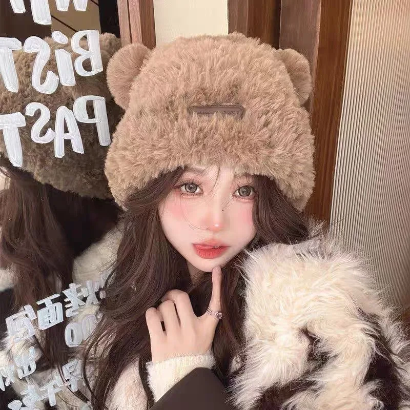 2022 Fashion Winter Women Novelty Beanies Caps Warm Cute Bear Ear Hat Casual Couple Knitted Plush Hat Solid Women Caps Present