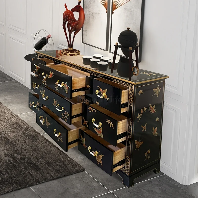 Retro new Chinese decorative solid wood nine-chest cabinet hand-painted butterfly bedroom drawer storage cabinet