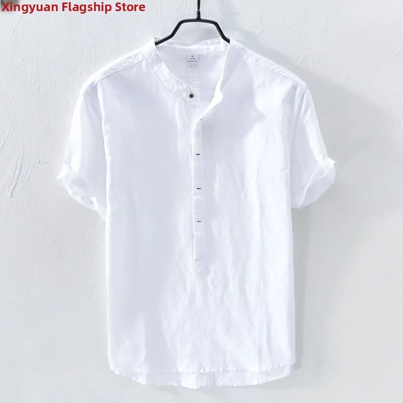 Linmei Cotton Lin メンズ 夏用 オルト スタンドカラー イルト 薄手 韓国版 トレンディ レトロ Linmei カジュアル 多用途トップ