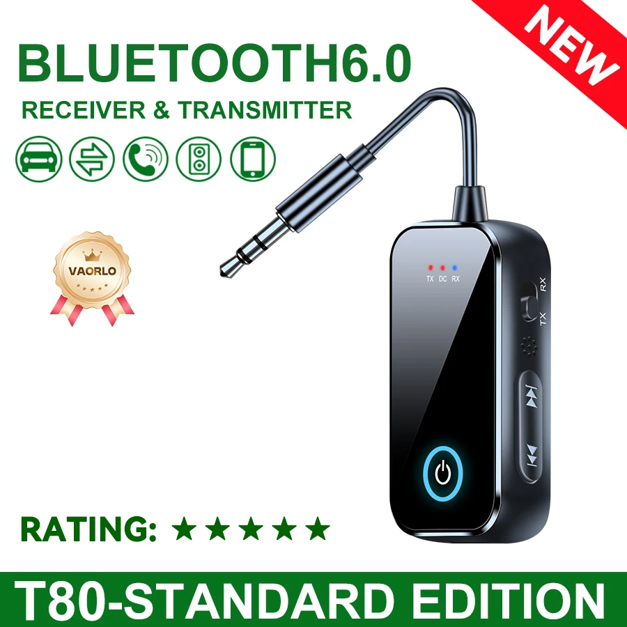 Nieuwe, verbeterde Bluetooth 6.0 auto-audio-ontvanger/zender, 3,5 mm AUX-interface, Hi-Fi stereomuziek, draadloze vliegtuigaudio-adapter, met HD-microfoon, voor autokits, computers, tv's, headsets en