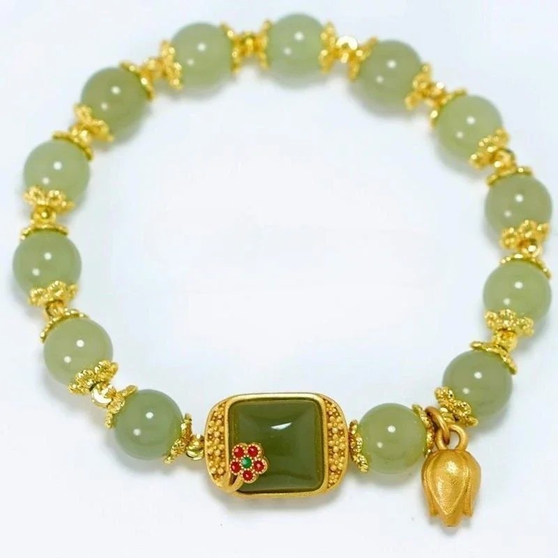 Natural Hetian Jade Bracelet Square Sugar Lotus Bracelet Exquisite Elegant Retro Chinese Style Sexy Young Girls Fashion Jewelry