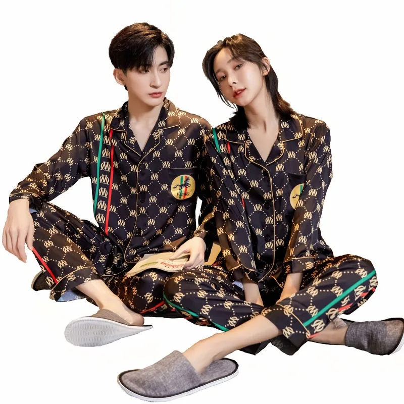 

Men and Women Silk Couple Pajamas Spring Summer Satin Chiffon Long Sleeve Trousers Ice Silk Thin Set of Home Wear Pajama Sets