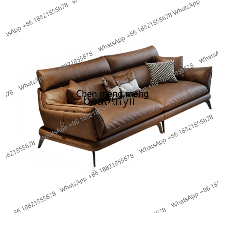 

Genuine Leather Living Room Backrest Italian Minimalist Straight-Row Royal Concubine Caramel First Layer Cowhide High-Leg Sofa