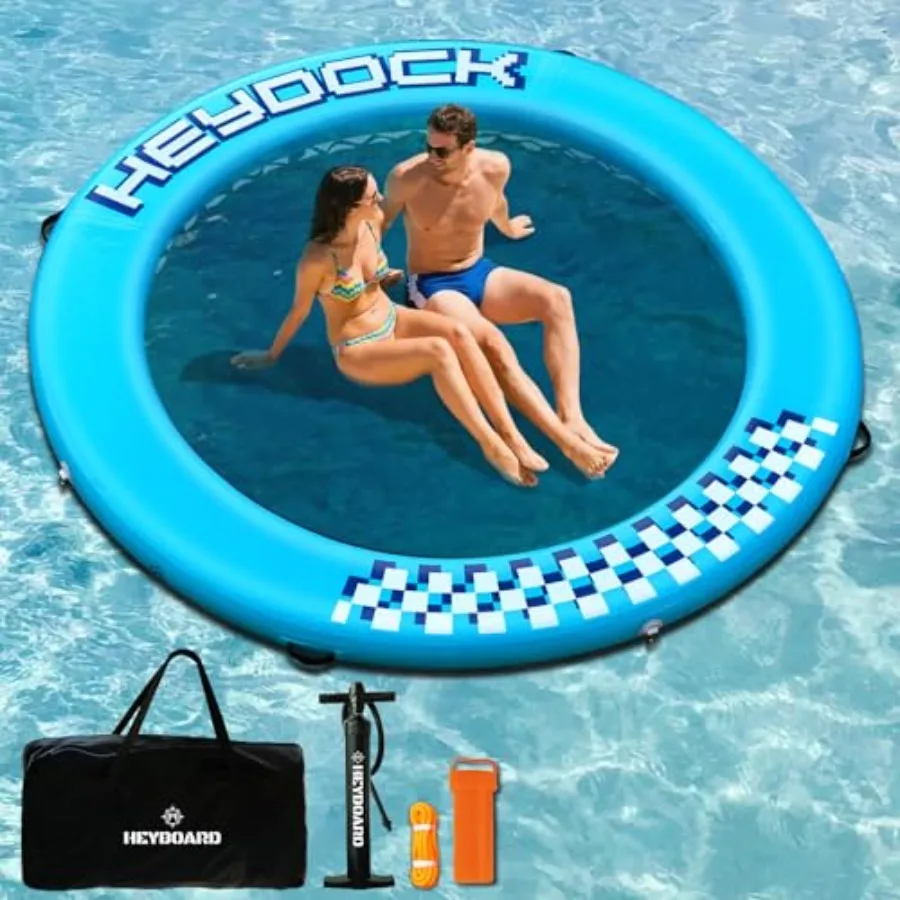 Inflatable Floating Ring Dock for lake pool ocean use, drop-stitch PVC material, blue color, ultra-stable 8-foot round water ha