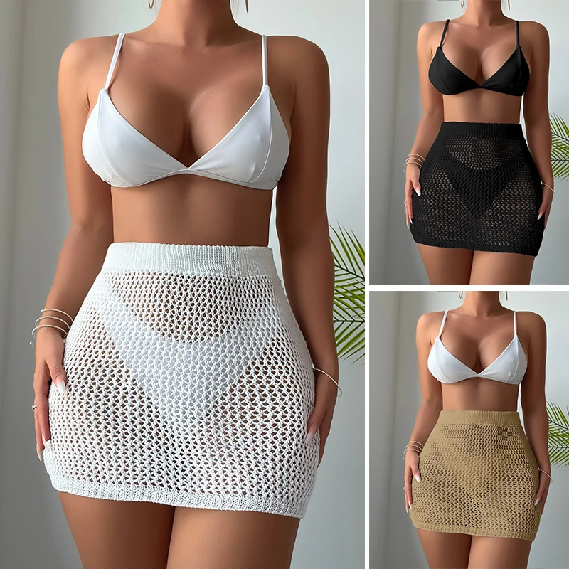 Fashion Style Solid Color Knitting Hollow Out Beachwear Cover-Ups Beach Vacation Sunscreen Skirt Półprzezroczysta stylowa spódnica kopertowa