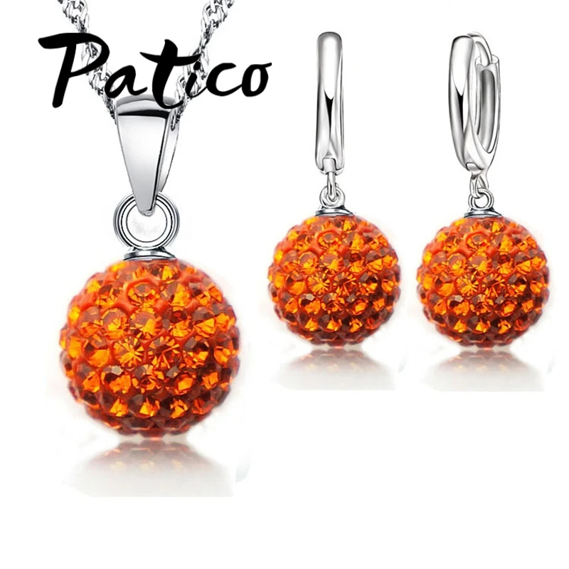 Hot New Jewelry Sets 925 Sterling Silver Austrian Crystal Pave Disco Ball Lever Back Earring Pendant Necklace Woman