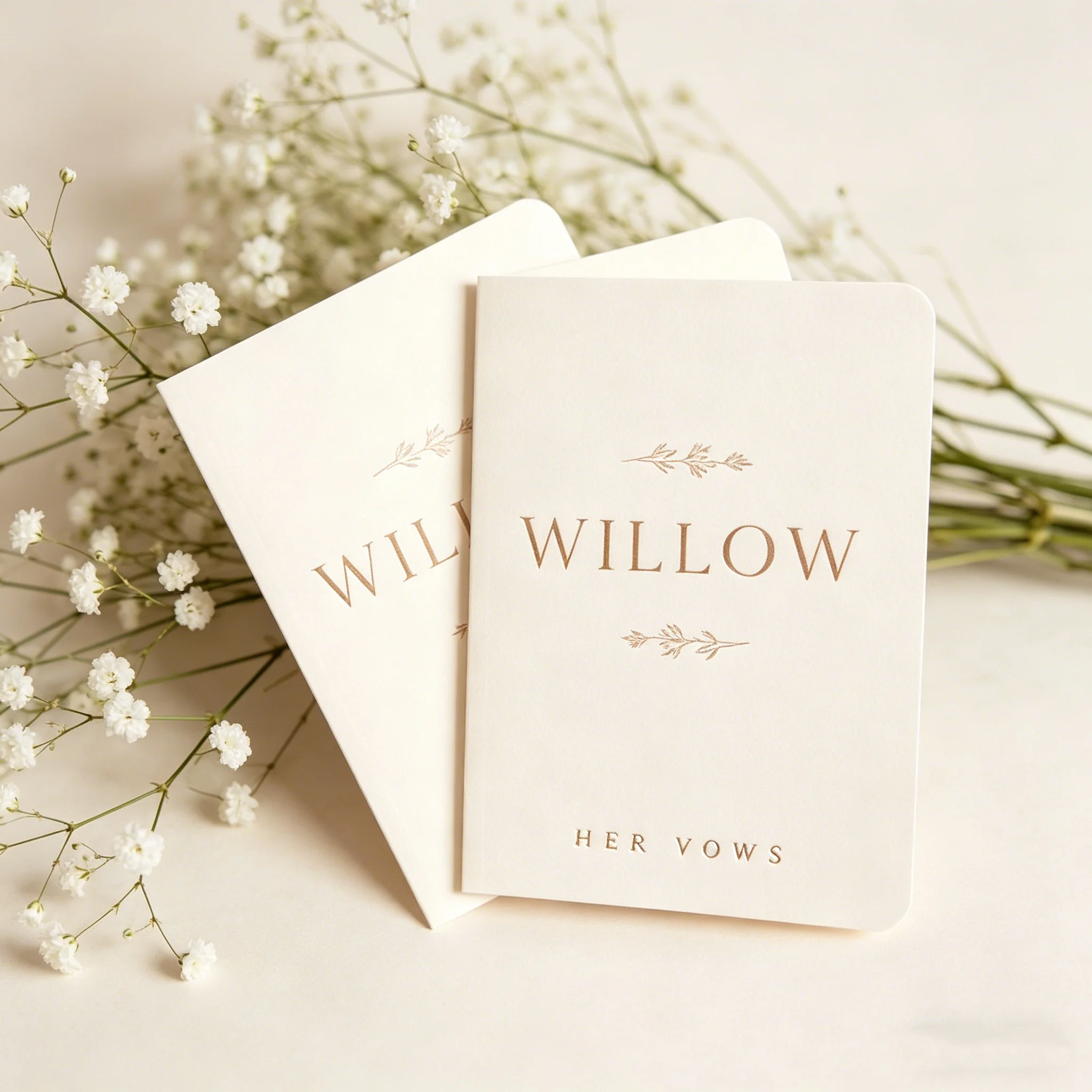 ブラウンボヘミアンスタイルの結婚誓約書2冊セット、カスタムパーソナライズされた金箔付き誓約書冊子-ウィロー