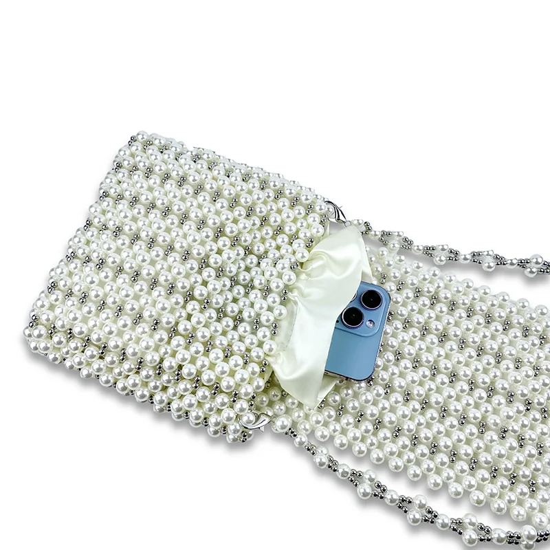 2024 Summer New Product Women\'s Bag High Quality White Pearl Bag Beaded Fairy Single Shoulder Chain Bag Handwoven Bag