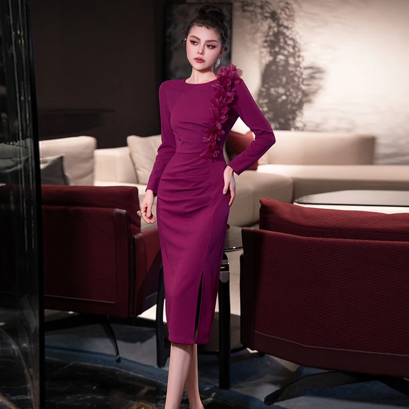 ZJYT New 2025 Spring Elegant Appliques Patchwork Womens Dresses Long Sleeve Ruched Slim Straight Party Dress Vestidos Para Mujer