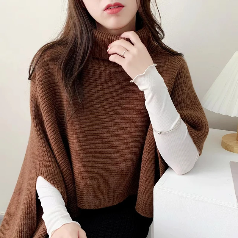 

2025 Autumn New Irregular Turtleneck Knitted Cape Casual Warm Shawl Scarf Women's Solid Sweater Fashion Women's Clothing