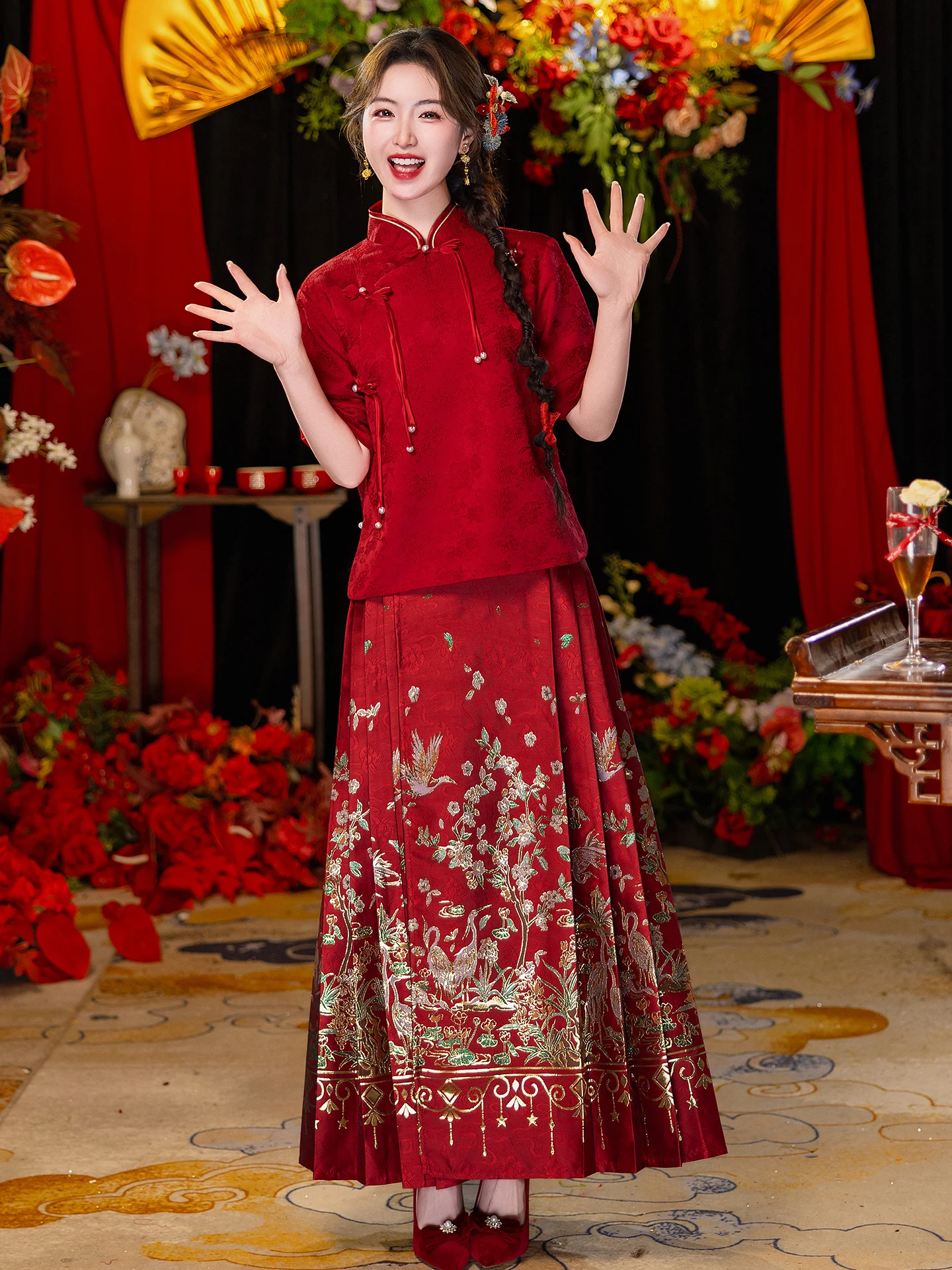 

Maternity Wedding Dress New Chinese Style Bride Gown Large Size Women Vintage Wind Polyester Fiber Nylon Fabric Five Sleeve L...