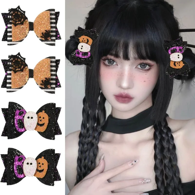 

"Glittery Halloween Ghost Pumpkin Bows, 2Pcs Hairpins, Fun Party Hair Clips for Girls and Kids