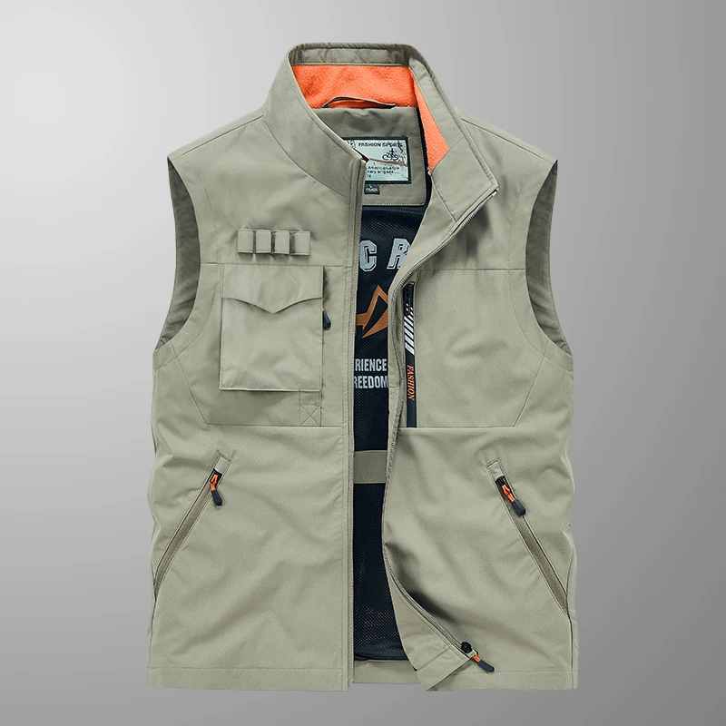 2024 men\'s vest, outdoor casual multi pocket fishing mesh vest, men\'s photography vest Four season universal stand collar