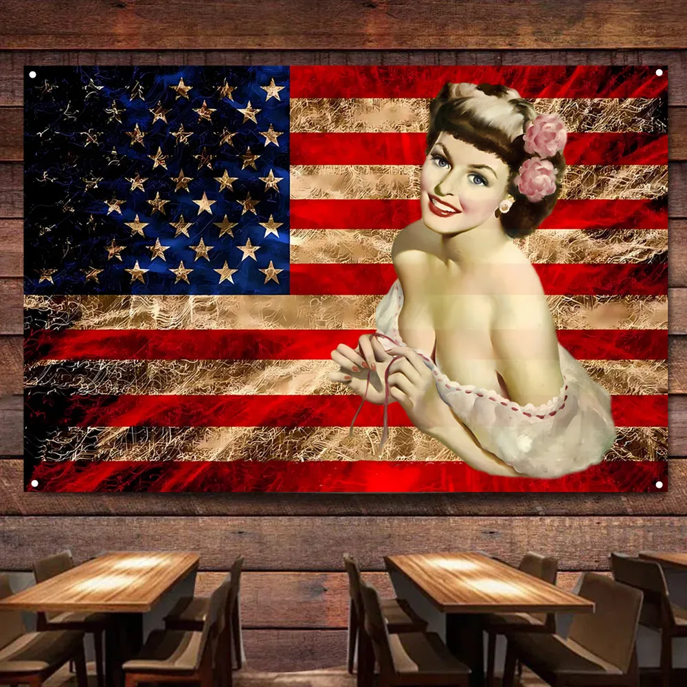 Vintage American Flag Home Decor Tapestry Pin Up Girl Artwork Posters Prints Wall Hanging Banner For Bar Pub Garage Room Office