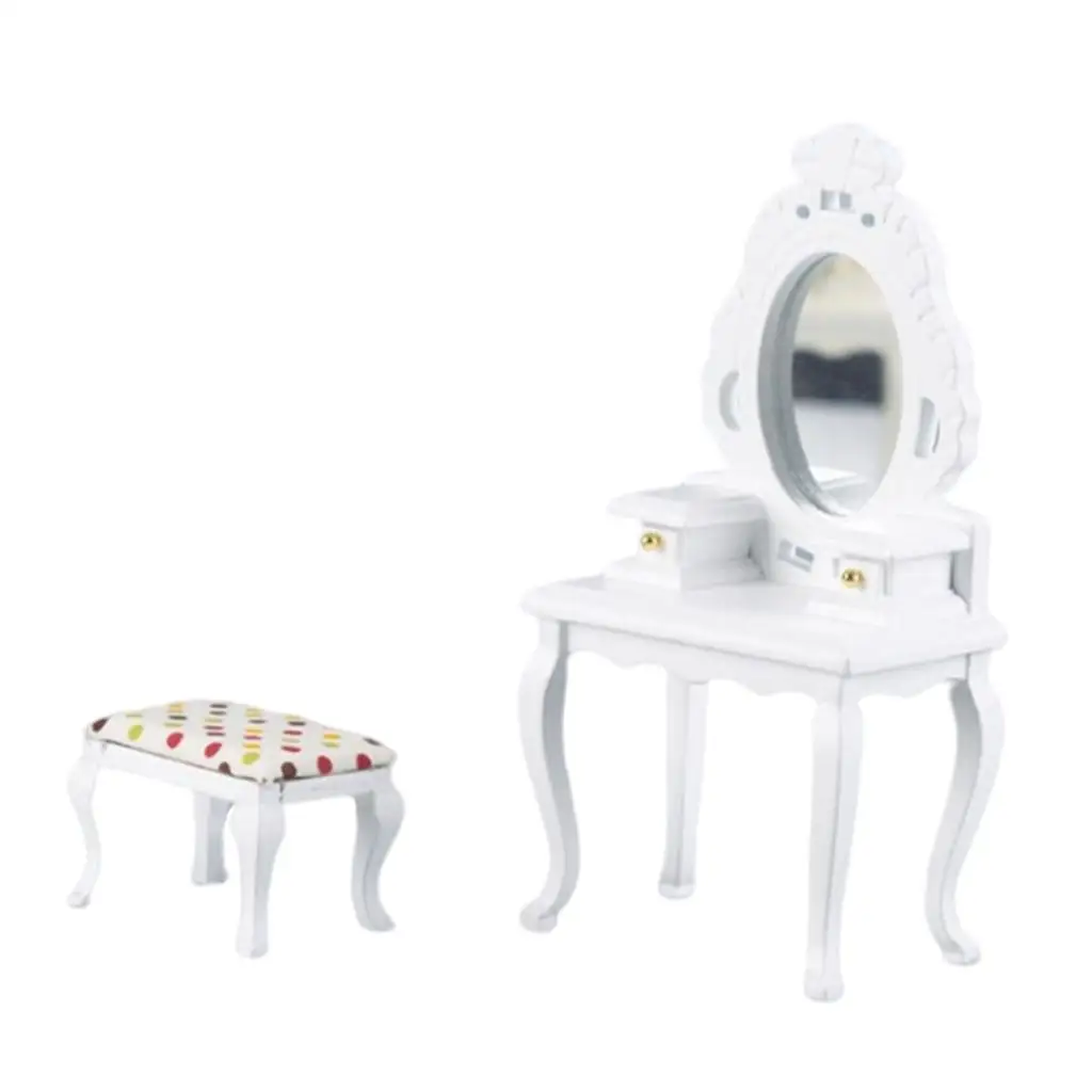 Miniature Dollhouse Furniture Vintage Dressing Table with Stool Wooden Desk for 1 12 Scale Doll Room Decor