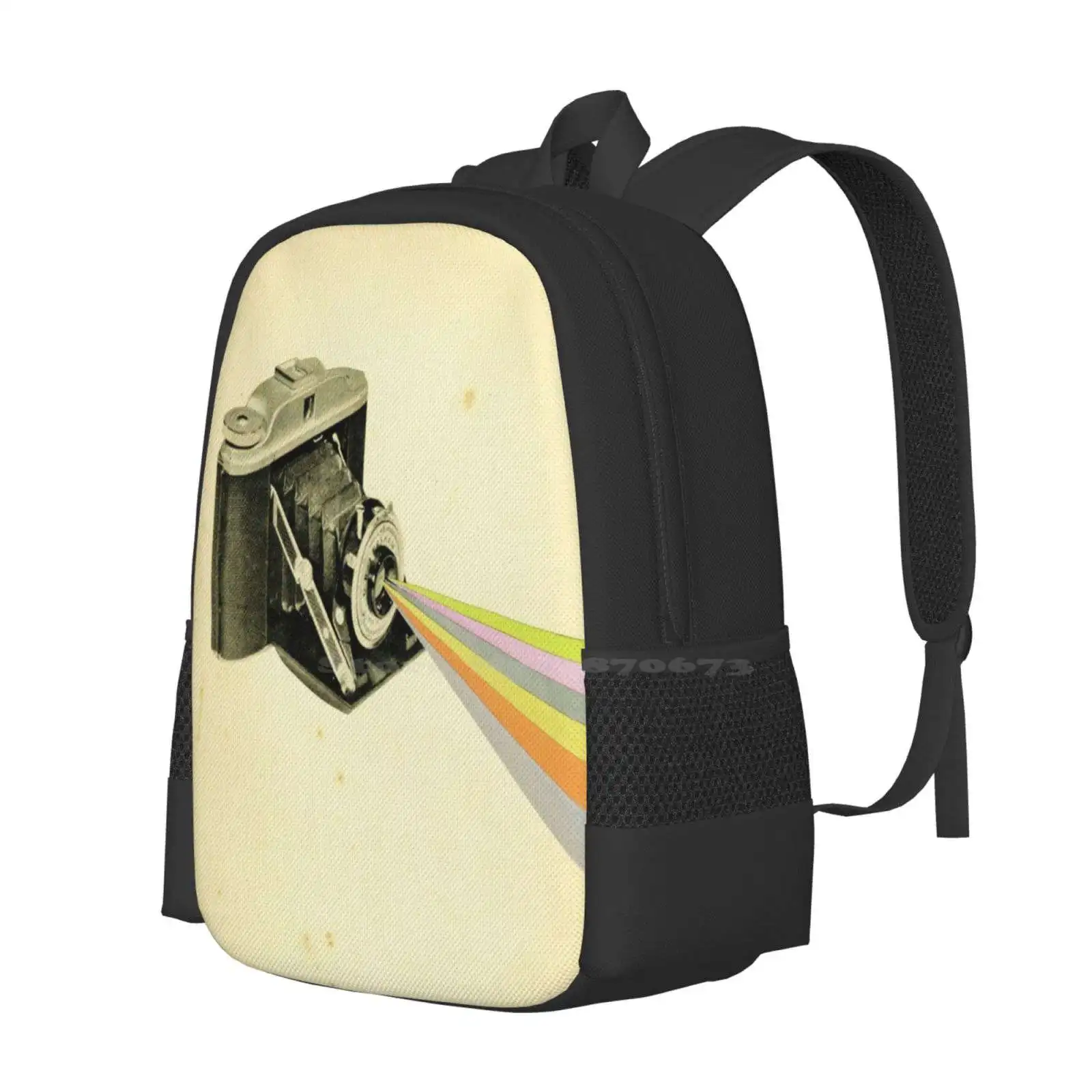 It's A Colourful World Large Capacity School Backpack Laptop Bags Hand Cut Collage Retro Vintage Camera Art Stripes Abstract