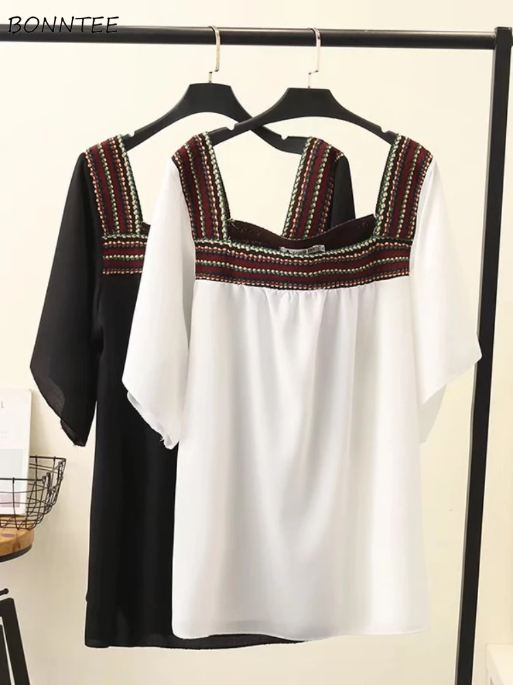 

Chiffon Blouse Women Indie Folk Loose Panelled Vintage Fashion Square Collar Tops Holiday Breathable Aesthetic Clothing Mujer