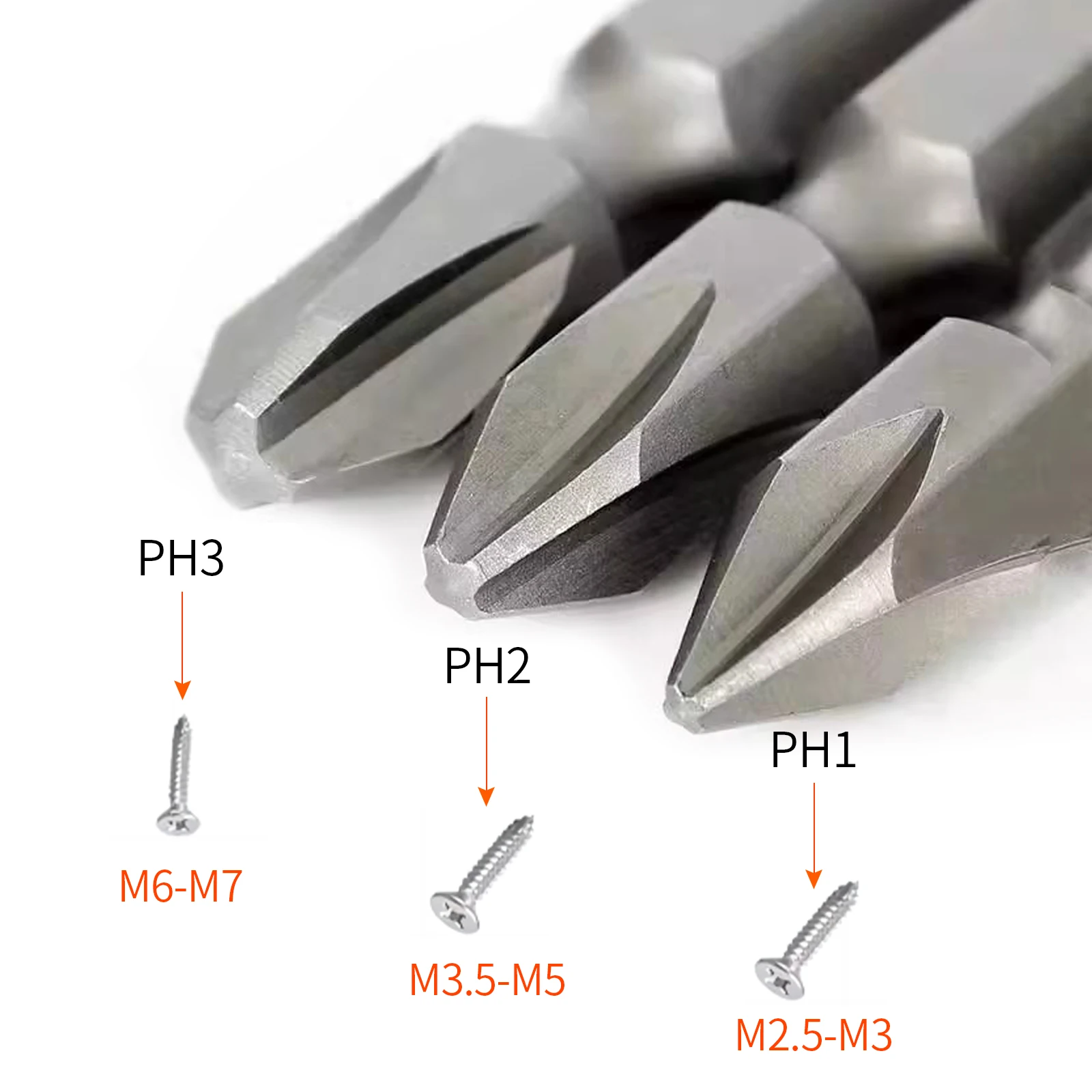 6Pcs 50mm Cross Point/Phillips Screwdriver Bit Set, PH1/PH2/PH3, S2 Steel. Magnetic Tip, 1/4 Hex Shank &6-Slot Storage Strip