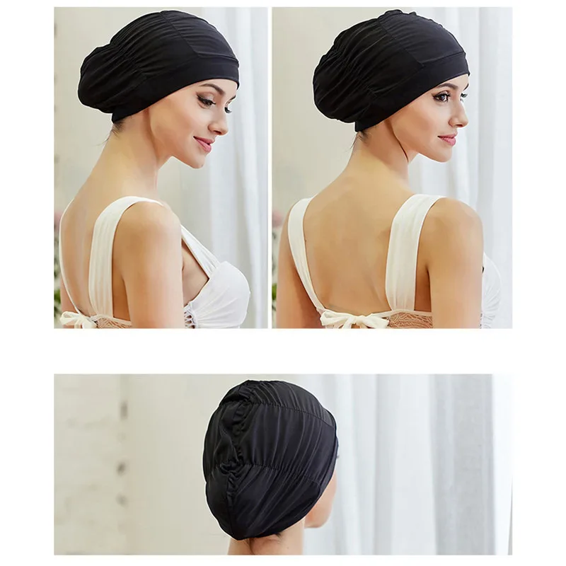 Bademütze für Damen, Unisex, Mädchen, langes Haar, Badekappe, Badekappe, Stretch, drapiert, freie Größe, Schwimmbad, Sport, elastischer Nylon-Turban – Detail 3