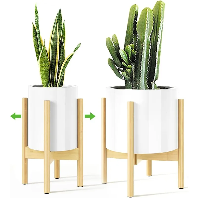 Piso único ajustável Bamboo Plant Stand, Stand de planta interior, 8 a 12 polegadas, 2 Pack